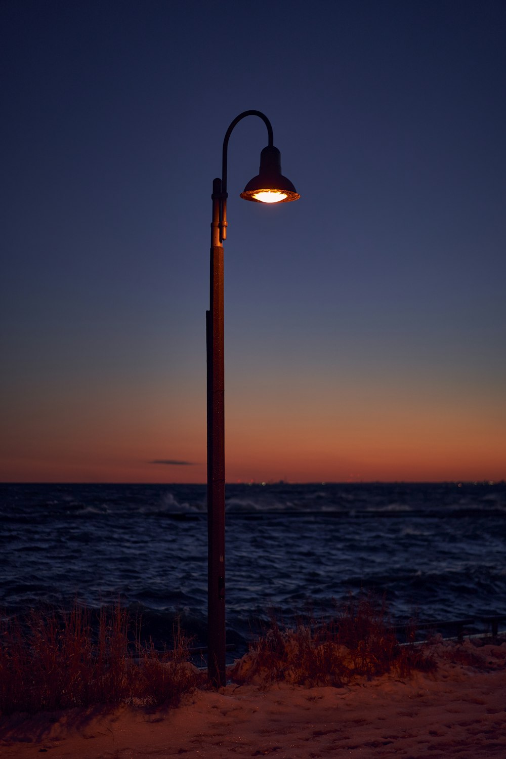 a street light sitting on the side of a beach