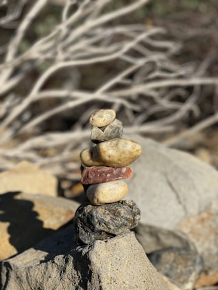 A small stack of smooth stones balancing on top of each other in a natural outdoor setting. The stones vary in color, ranging from light beige to dark gray, with one reddish stone in the middle. In the background, blurred branches and rocks create a textured and earthy environment.
