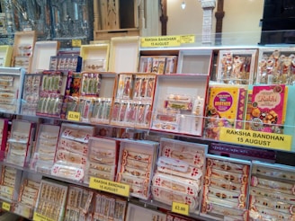 A display of colorful rakhi bracelets arranged in various boxes and packages, positioned on shelves in a store. Labels indicate pricing and the occasion of Raksha Bandhan on August 15th. The display includes decorative elements and traditional patterns, possibly aimed at celebrating the Indian festival.