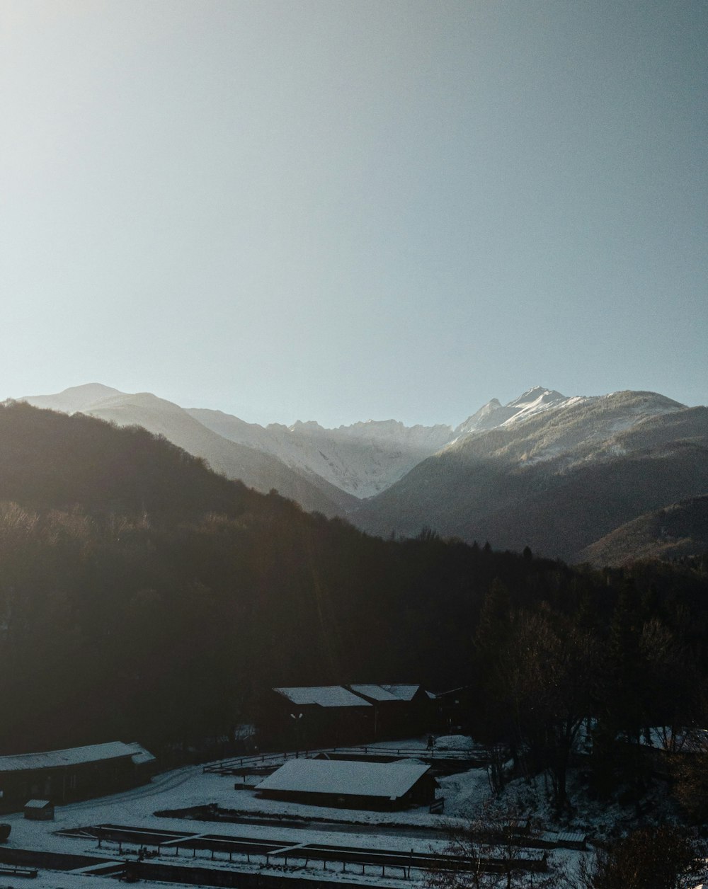 a view of a mountain range with snow on the ground