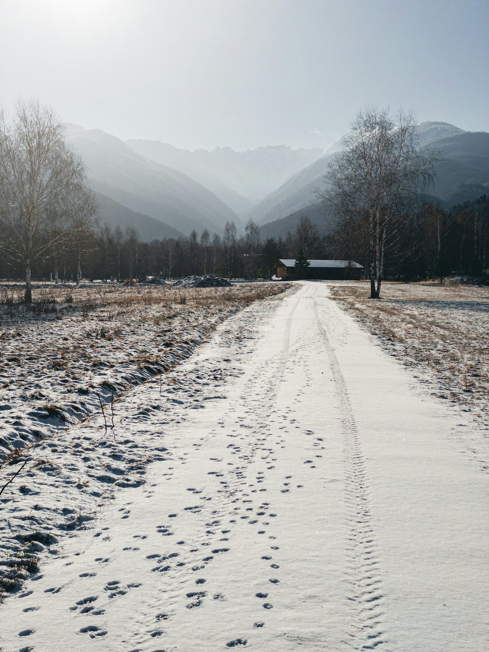 a snow covered road with tracks in the snow