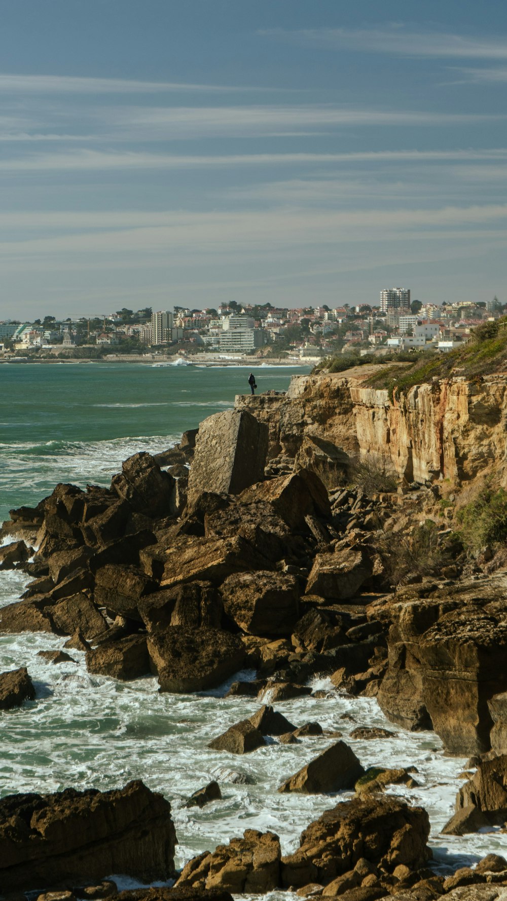 a large body of water next to a rocky shore