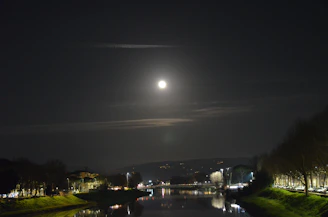 A serene nighttime landscape bathed in soft moonlight with gentle mist over calm waters.