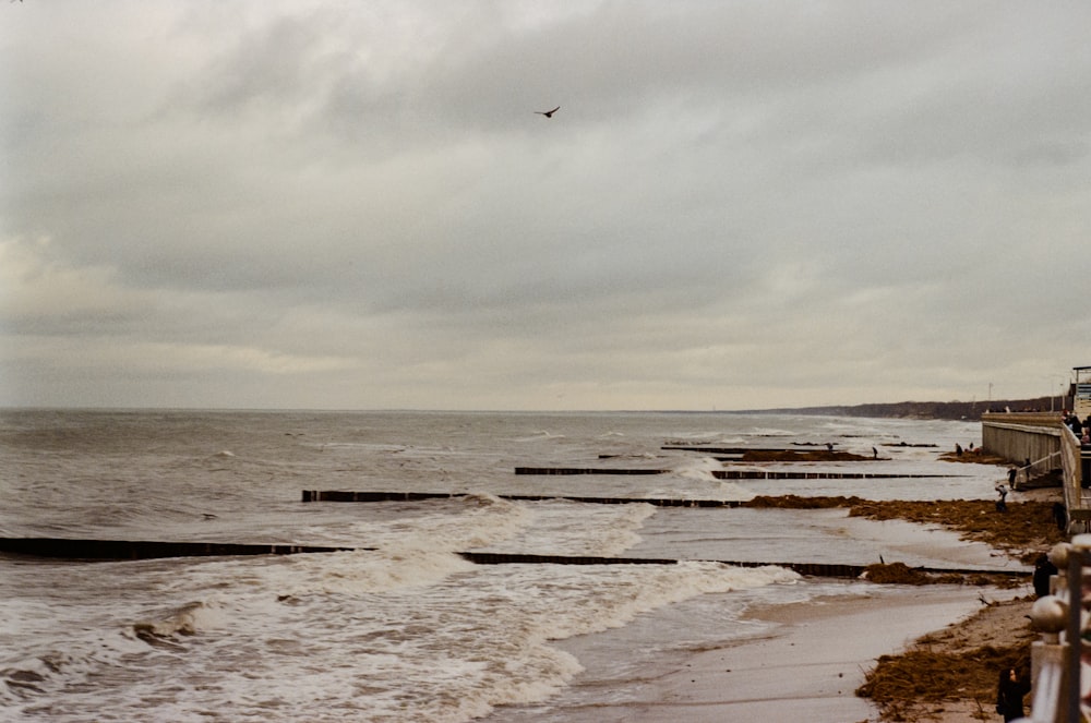 a bird flying over the ocean on a cloudy day