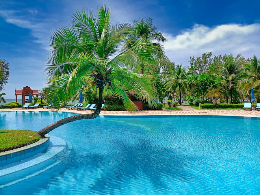 Infinity-edge swimming pool at a luxury beach resort in Daman