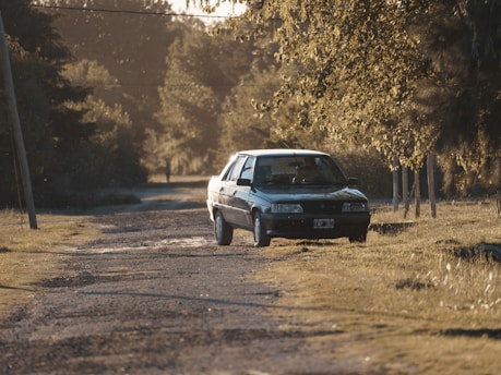 a white car is parked on a dirt road