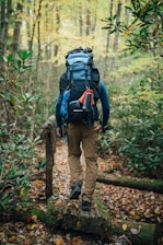 A person with a large backpack is walking along a narrow wooden bridge in a forest. The surroundings are lush with greenery and autumn leaves scattered on the ground. The person appears to be hiking, equipped with outdoor gear including climbing rope and a water bottle attached to the backpack.