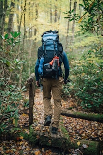 A person with a large backpack is walking along a narrow wooden bridge in a forest. The surroundings are lush with greenery and autumn leaves scattered on the ground. The person appears to be hiking, equipped with outdoor gear including climbing rope and a water bottle attached to the backpack.