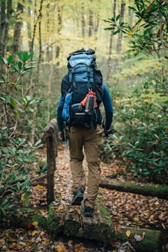 A person with a large backpack is walking along a narrow wooden bridge in a forest. The surroundings are lush with greenery and autumn leaves scattered on the ground. The person appears to be hiking, equipped with outdoor gear including climbing rope and a water bottle attached to the backpack.