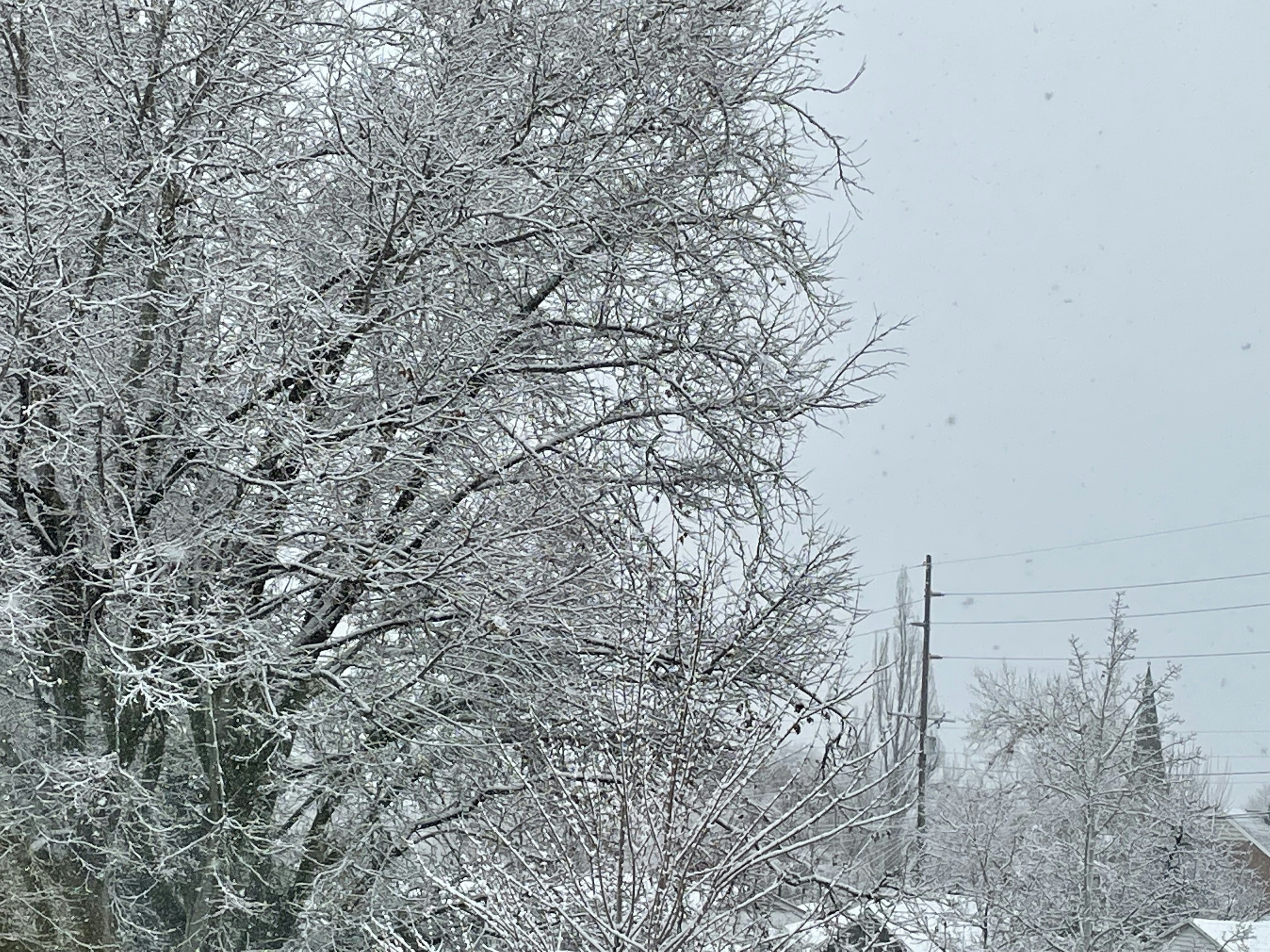 a snow covered street with a stop sign in the foreground