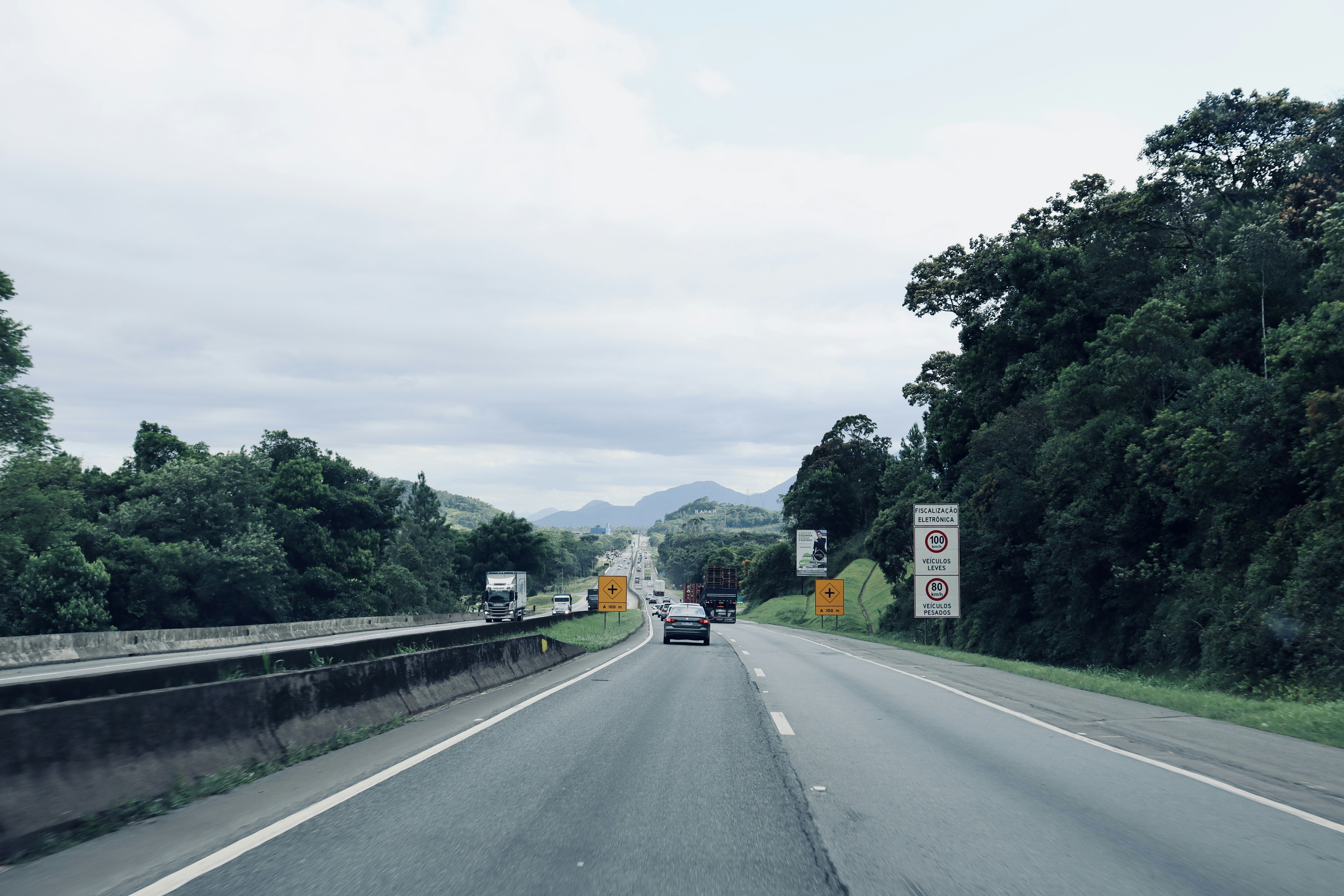 a car driving down a road next to a forest
