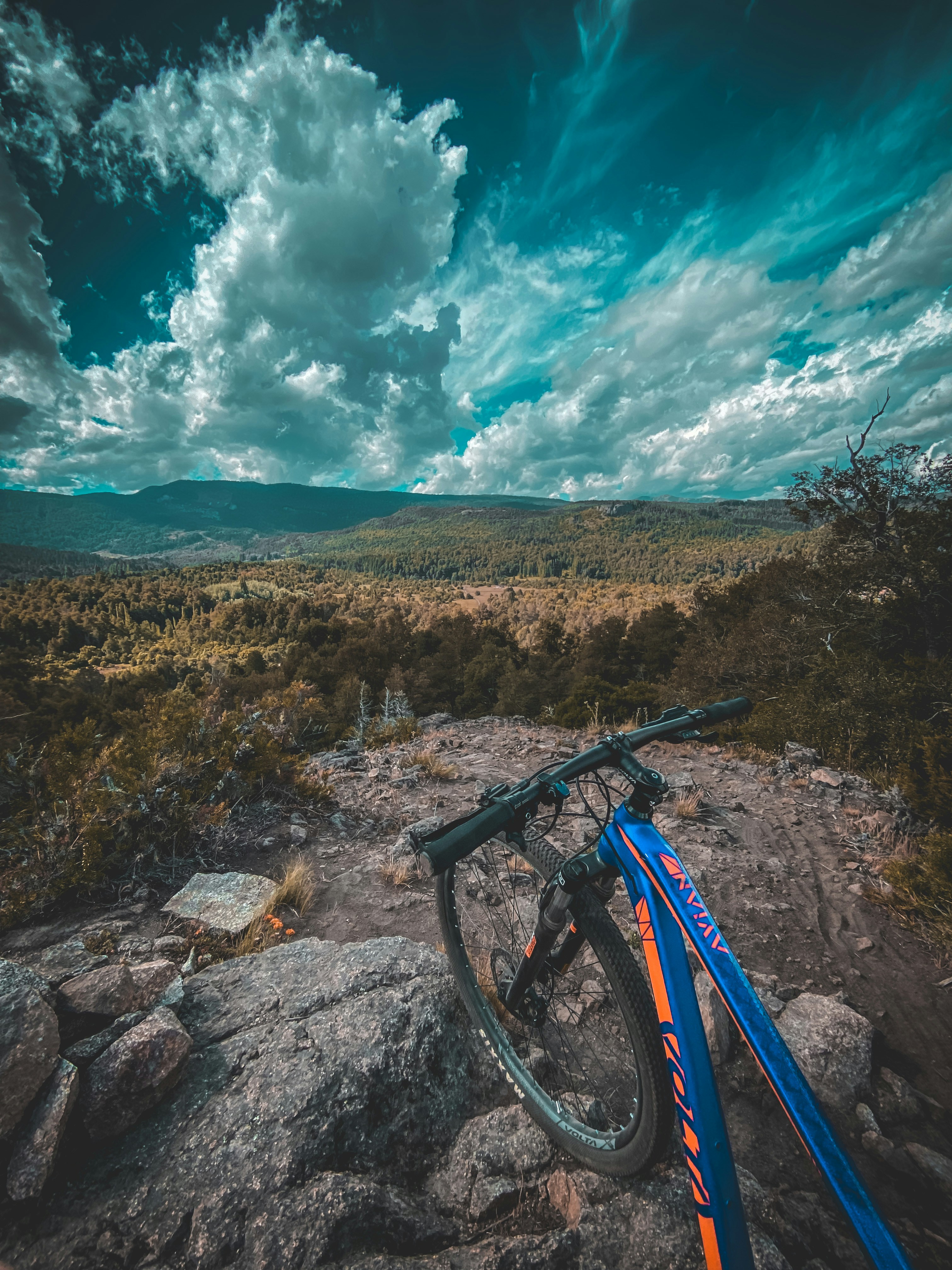 a mountain bike resting on a rock in the wilderness