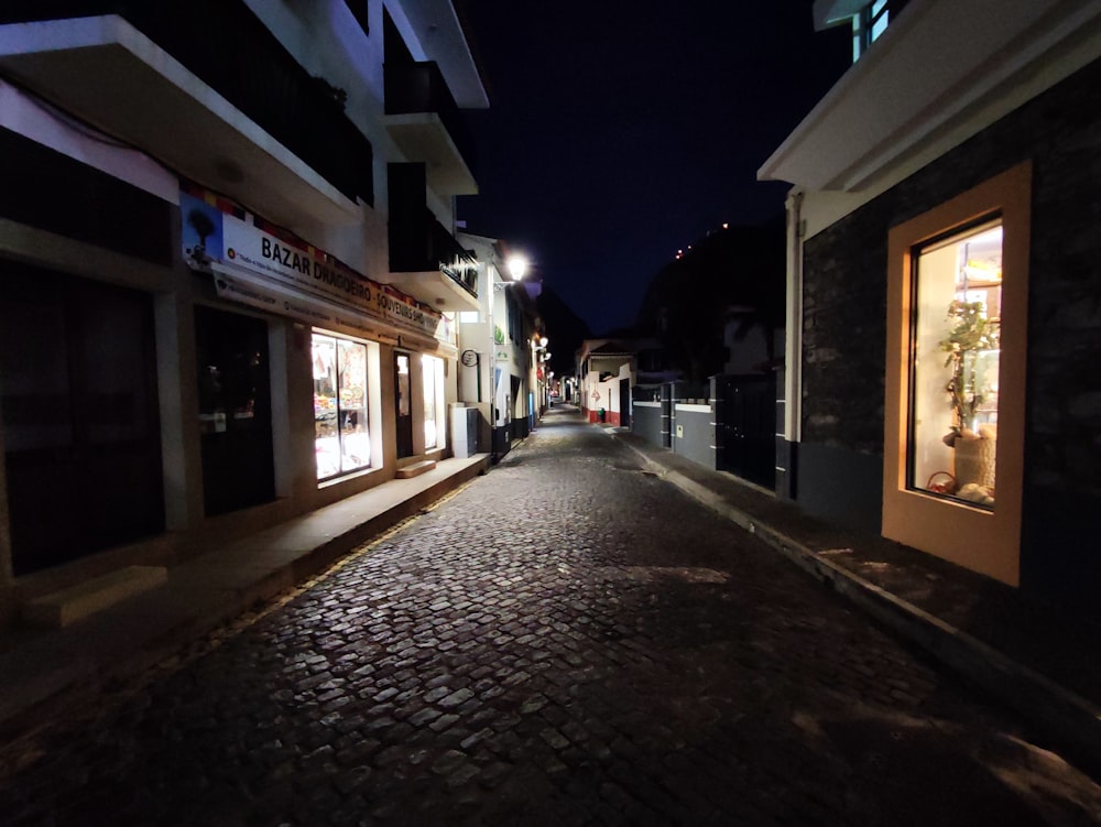 a cobblestone street at night with storefronts lit up