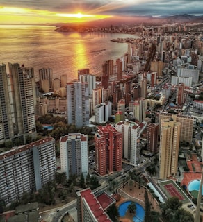a view of a city with a body of water in the background