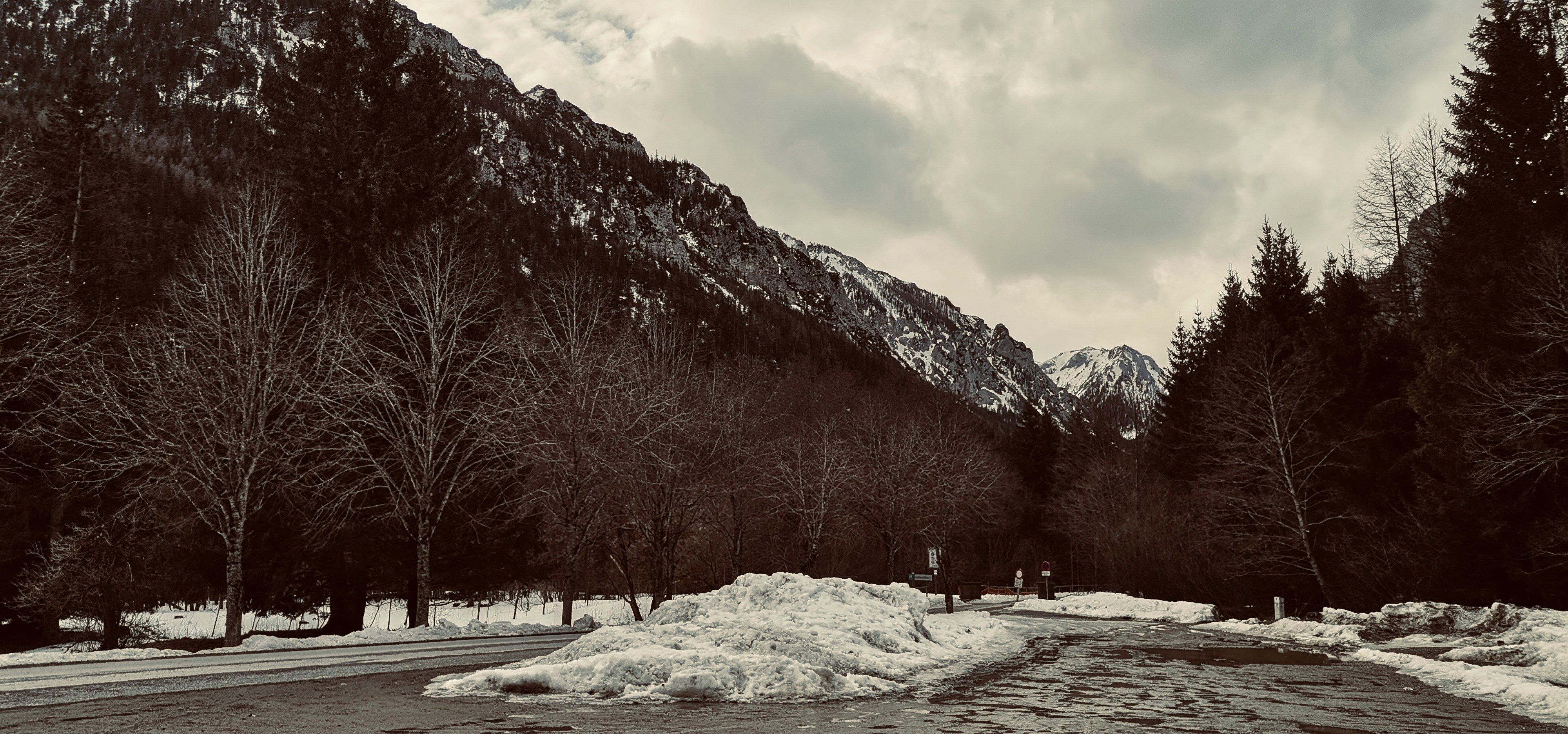 une route enneigée entourée d’arbres et de montagnes