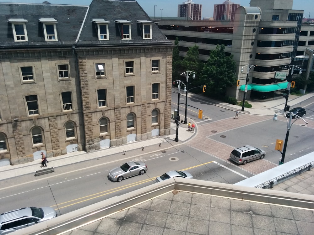 a view of a city street from a window