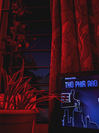 A dark room illuminated with red lighting features a curtain with a floral design, a potted plant with long leaves, and a digital screen displaying a stylized cityscape and text in a graphical design.