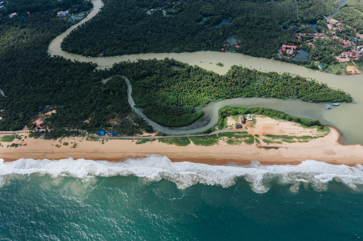 Aerial view of the Poovar estuary and golden sand beach