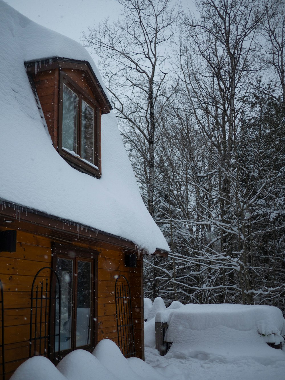 a house covered in snow next to a forest