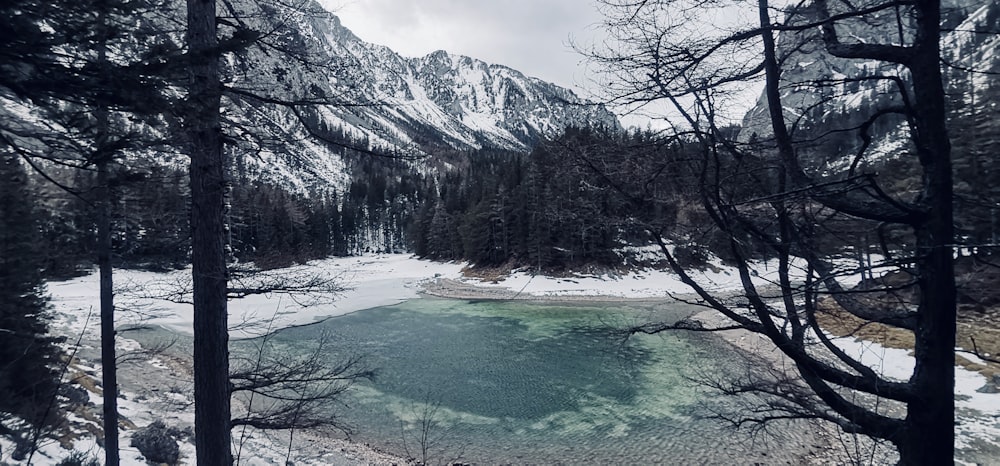 a lake surrounded by snow covered mountains and trees