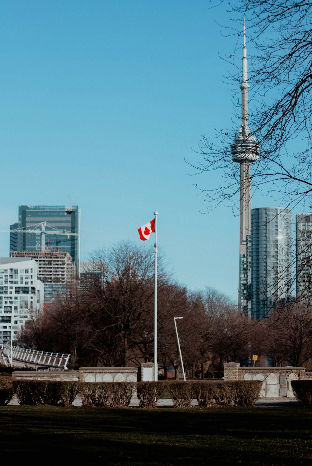 a canadian flag flying in front of a city skyline