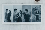 A photo album features three black and white images of a couple standing close together near a rocky coastal area. They are engaged in affectionate gestures and gaze warmly at each other, suggesting intimacy and companionship.