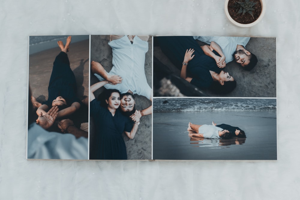 a collage of photos of a couple laying on the beach