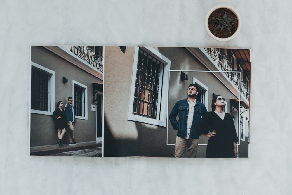 a couple of people standing in front of a building