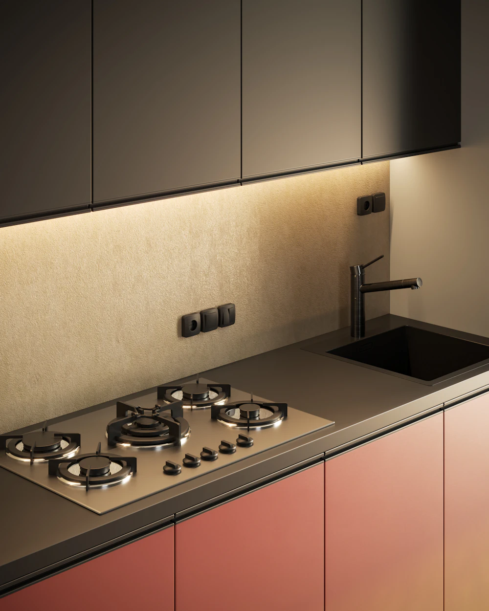 Kitchen with a sink and stove top, showing the key elements of kitchen plumbing in an Abu Dhabi home