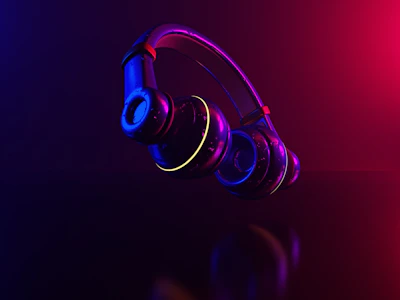 Close-up of futuristic headphones with neon purple and blue lighting accents.