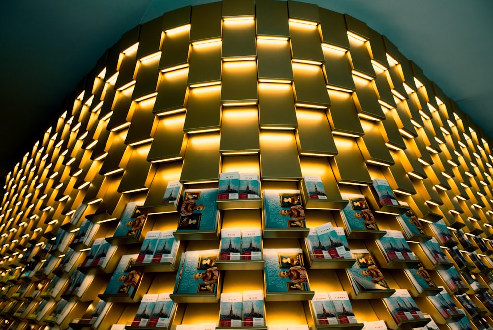 a large display of books in a room