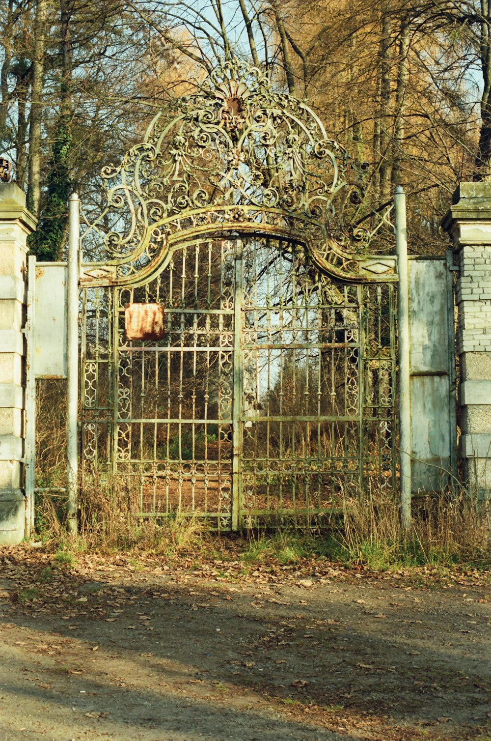 an old gate with a rusted iron design