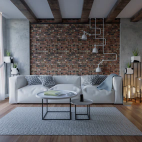 Modern living room with warm brick accents and natural light.