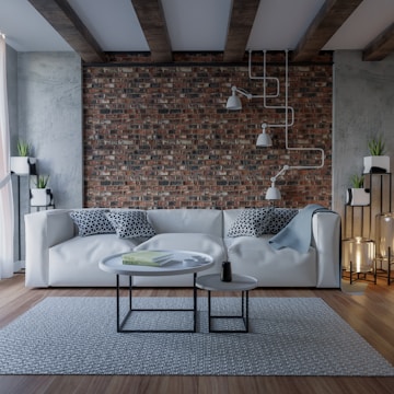 Modern living room with sleek resin flooring and textured wall coverings.