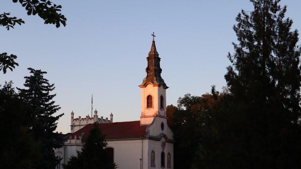 a church with a steeple surrounded by trees