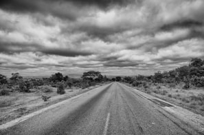 An abandoned rural road stretching into the distance under a brooding sky.