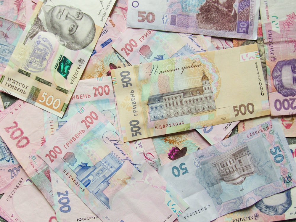 a pile of foreign currency is shown here