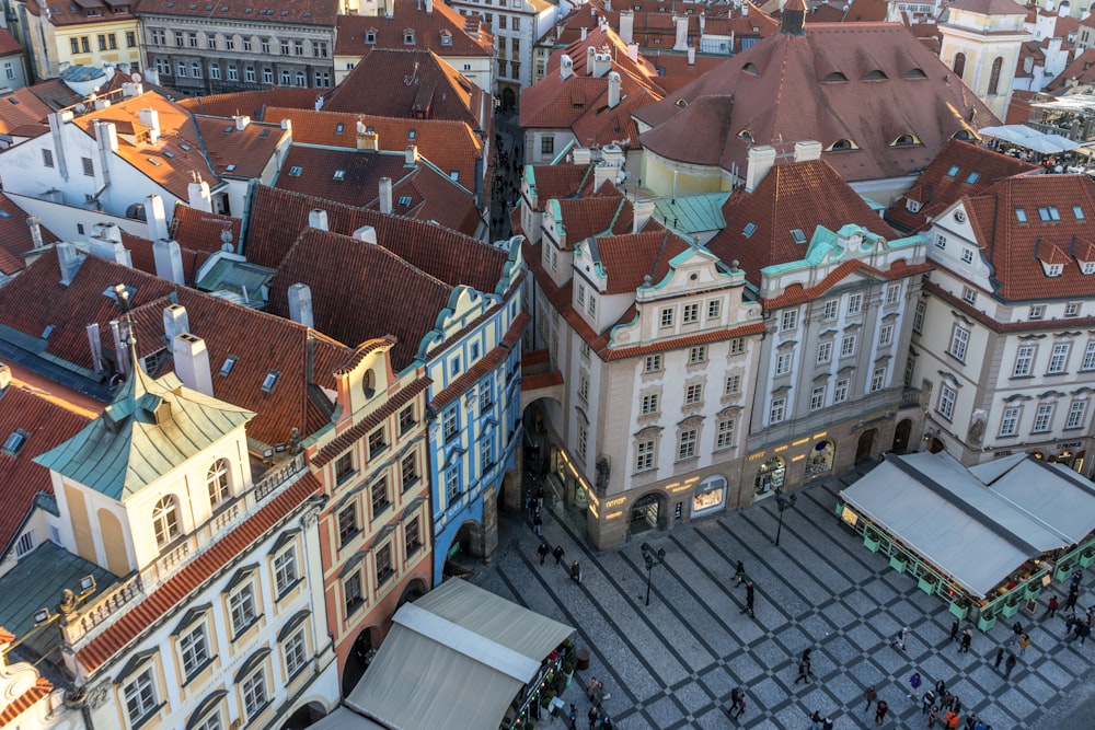 an aerial view of a city with many buildings