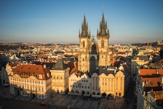 an aerial view of a city with tall buildings