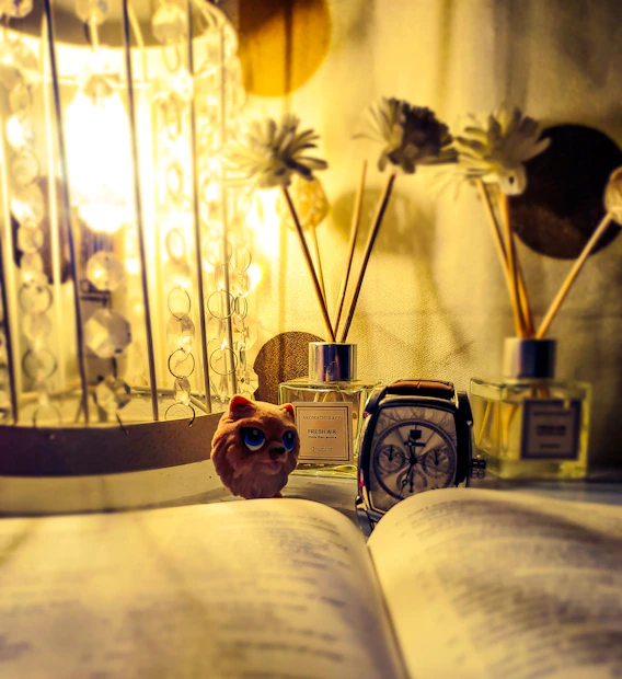 A serene desk with astrology charts, numerology books, and a softly glowing lamp.