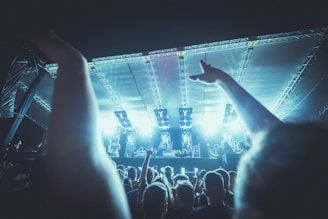 A large crowd of people is gathered under a bright stage canopy with lights illuminating the scene. Arms are raised in the air, suggesting excitement and engagement with a performance happening on stage.