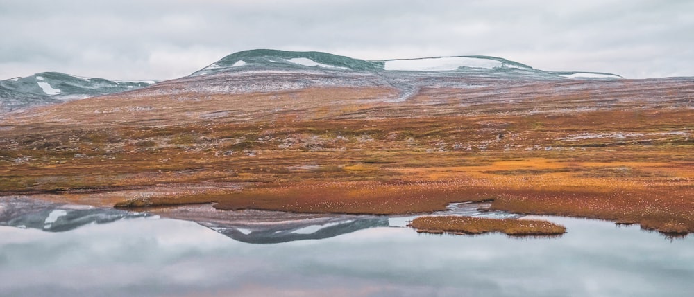 une chaîne de montagnes avec un plan d’eau au premier plan