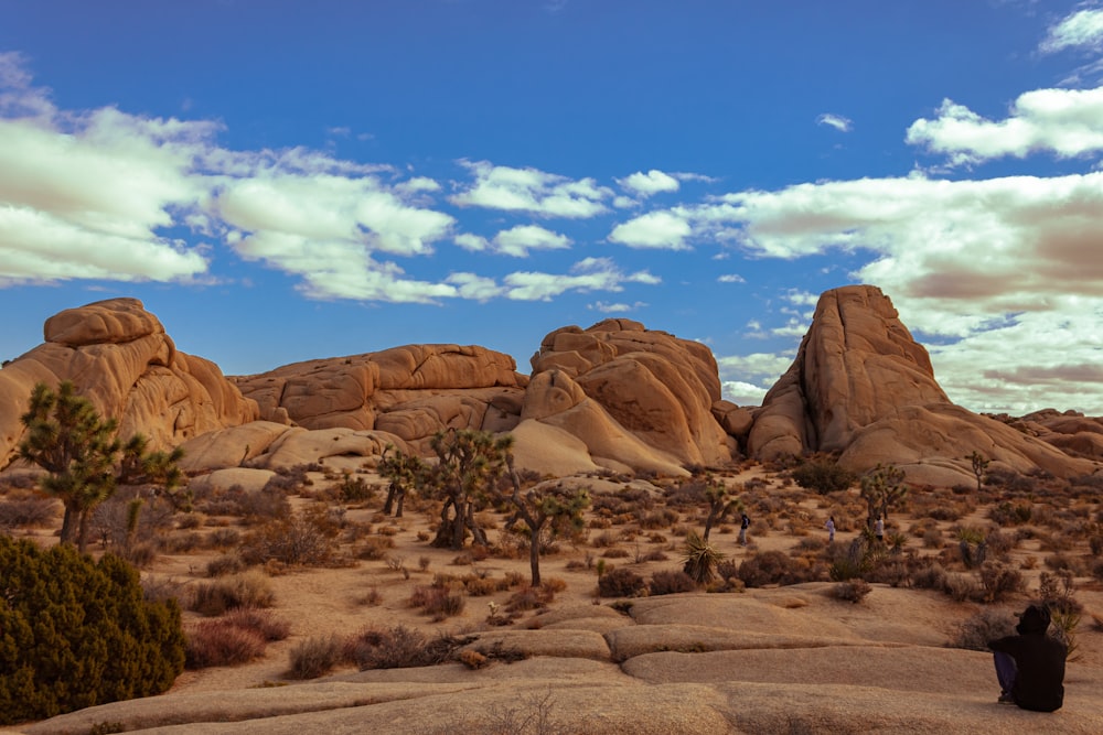 a person sitting on a rock in the desert