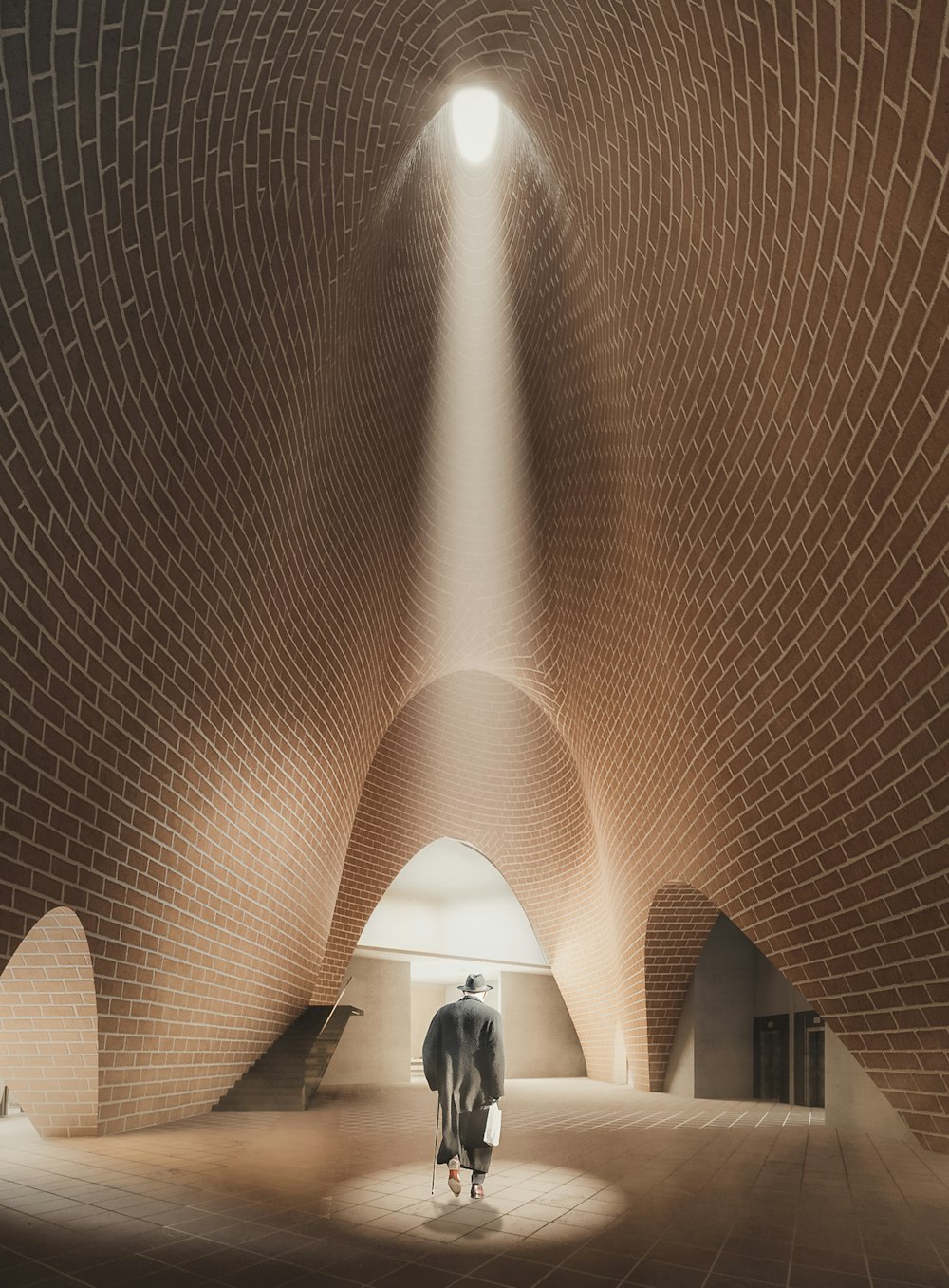 a man walking through a tunnel with a light coming from the ceiling