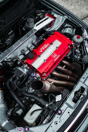 the engine of a car with its hood open