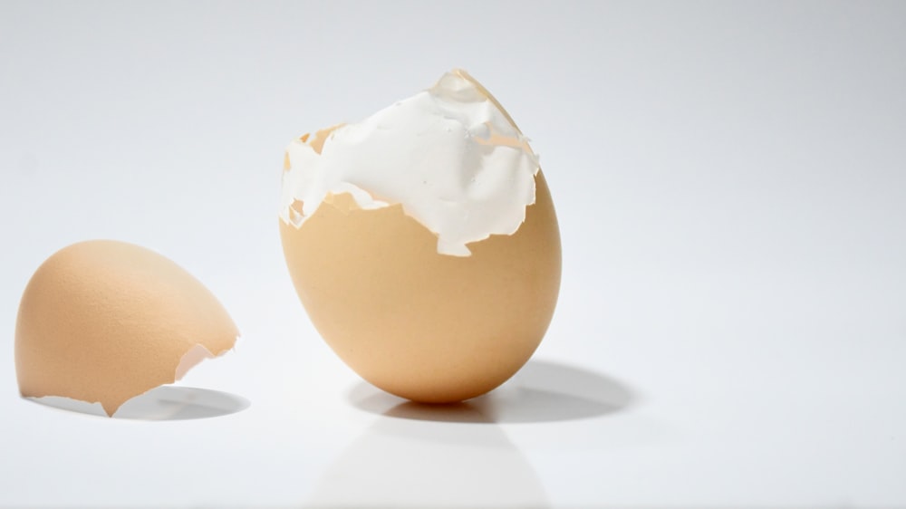an egg shell and a half of an egg on a white background