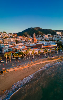an aerial view of a beach with a city in the background