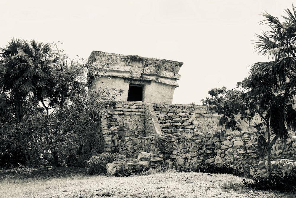 a black and white photo of a stone building