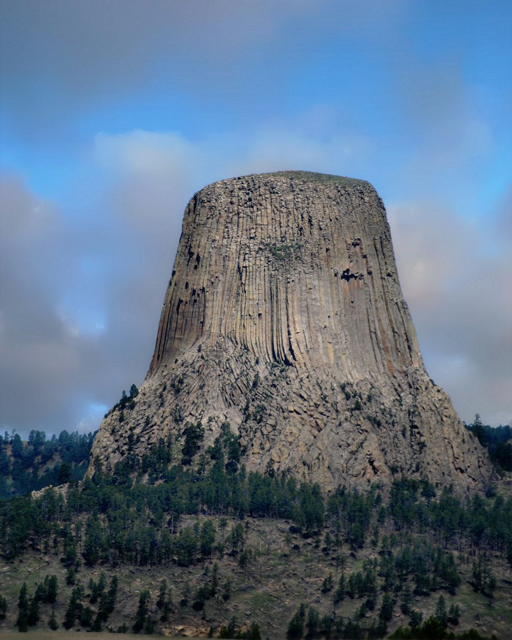 a very tall mountain with trees on the side of it