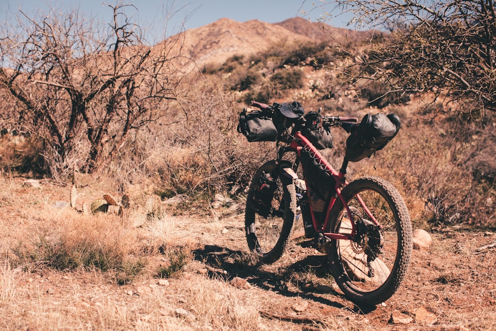 a mountain bike parked on a dirt trail